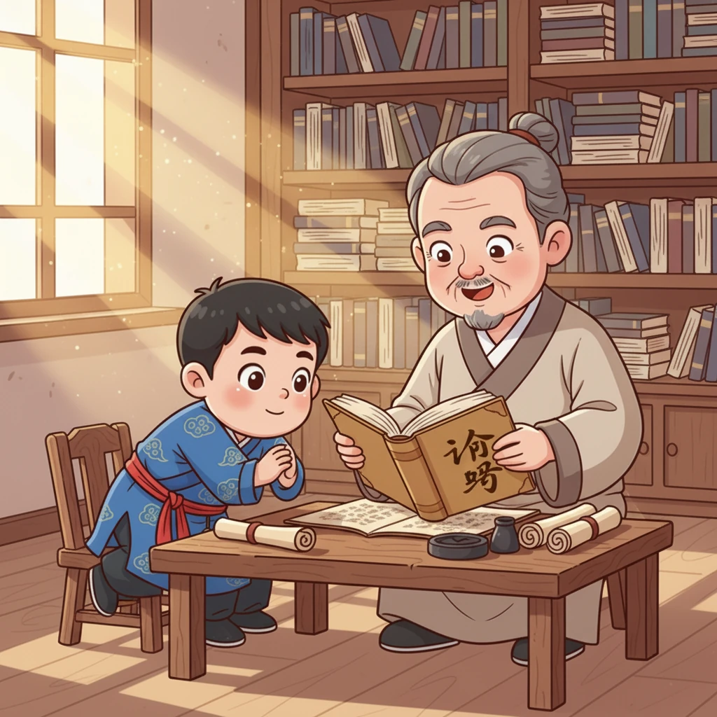 爷爷告诉小明，这本书叫做《论语》，里面记载着一位叫孔子的圣人的智慧。他解释说，书中的每一句话都像一颗小小的智慧种子，能帮助我们更好地认识世界，懂得做人的道理。