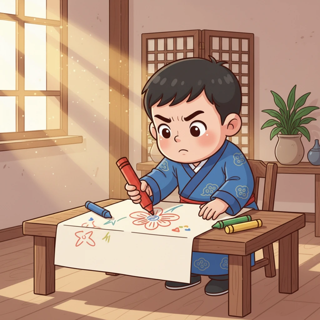 小明听了，眼睛亮晶晶的。爷爷教他第一句话：“学而时习之，不亦说乎？” 小明决定从学画画开始，每天坚持练习。他拿着画笔，在纸上认真地勾勒着，虽然一开始画得歪歪扭扭，但他并没有放弃。