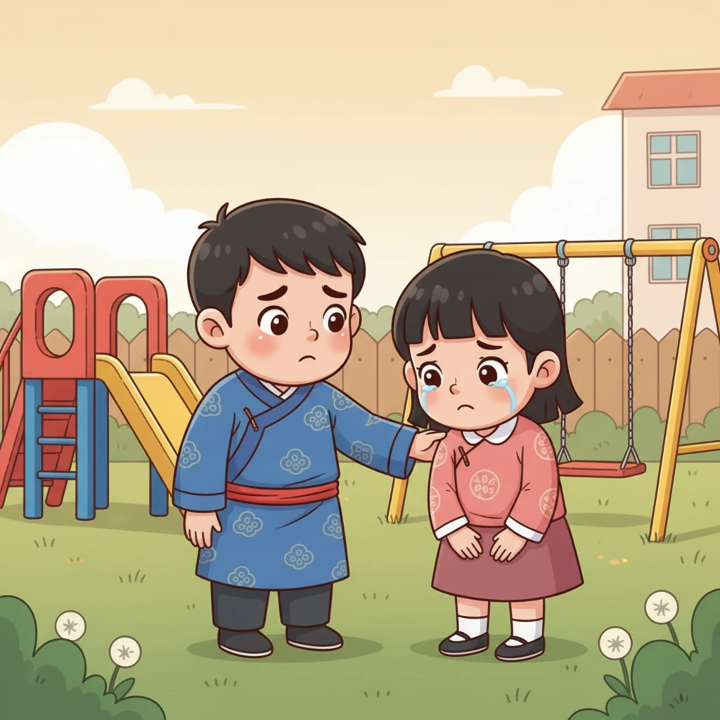 一天，小明看到好朋友小丽因为不小心弄坏了别人的玩具而非常难过。小丽低着头，眼泪在眼眶里打转，不知道该怎么办。小明心里也替她感到着急。