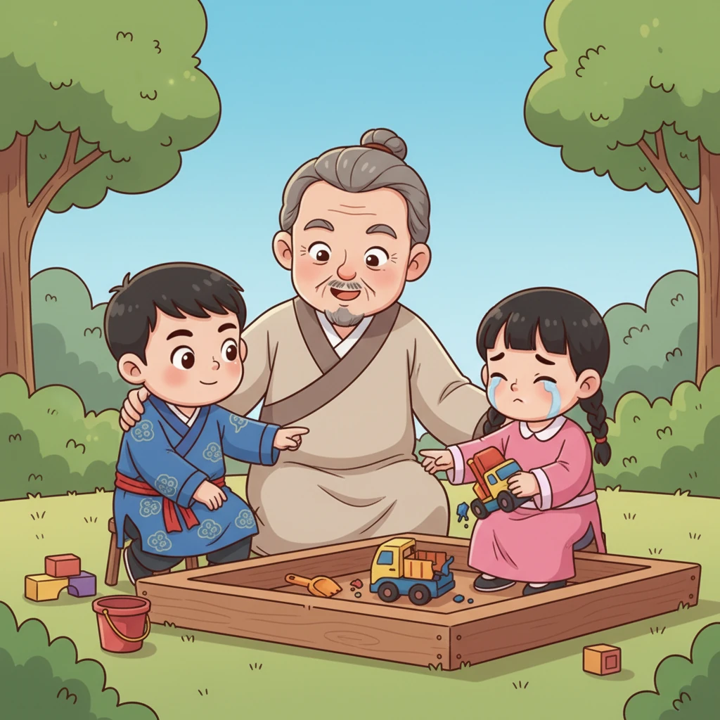 爷爷这时走过来，轻轻告诉小明：“己所不欲，勿施于人。” 意思是自己不喜欢的事情，就不要强加给别人。小明明白了，他走上前去，温柔地安慰小丽，并主动提出帮助她向玩具的主人道歉，并一起想办法修好玩具。