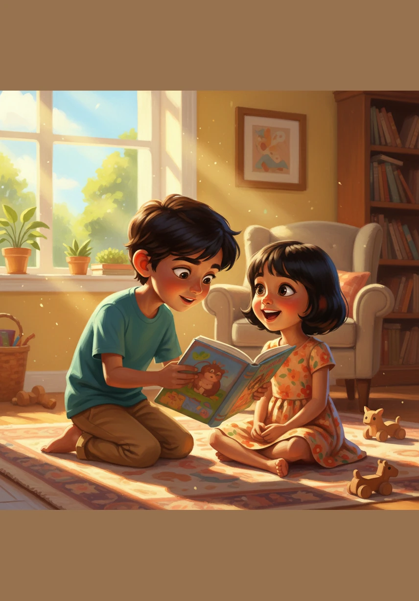 Ansh and Anshika are sitting on a colorful rug in their bright living room, surrounded by nine vibrant balloons. Anshika, with her neat blunt cut hair and pretty frock, smiles as she counts the balloons while Ansh watches with his big, curious eyes and silky hair falling over his forehead.