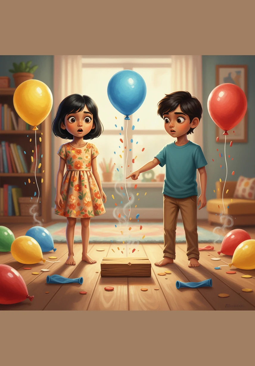 Suddenly, three balloons go pop, leaving Anshika surprised as the pieces flutter to the floor. Ansh explains that when we take away three from nine, we are doing subtraction, and he points to a wooden minus sign they placed between them.