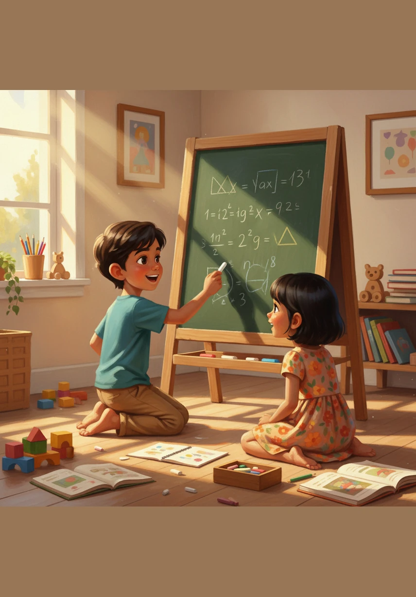 On a small chalkboard, they write down 9 minus 3 equals 6, then try a bigger problem like 28 minus 2 equals 26. They use a string of colorful Vedic math beads to count backward and visualize the numbers clearly.