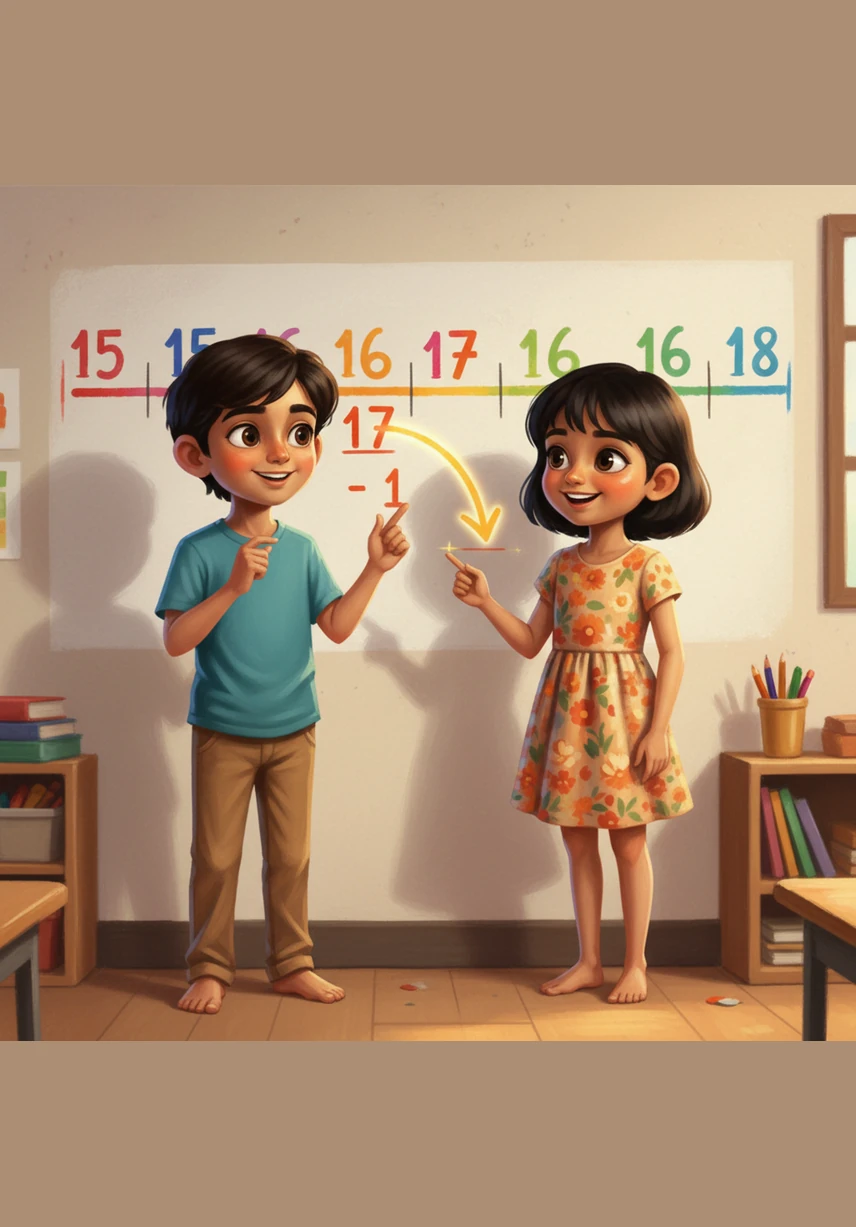 They look at a number line on the wall and see that taking away one from 17 lands them right on 16. They realize that subtracting one is just like finding the number that comes right before it in a sequence.