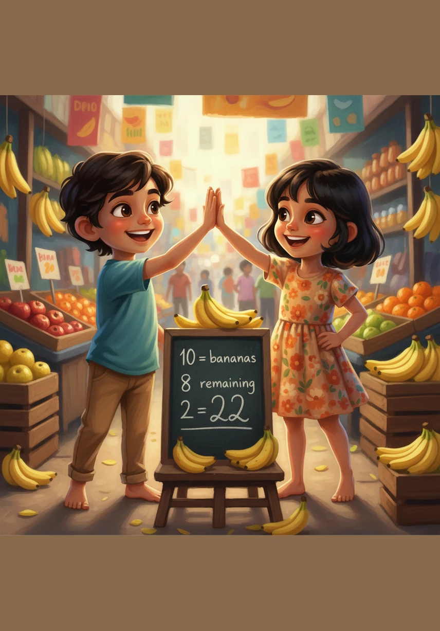 After subtracting 8 from 10 to get 2, and bringing down the 2 tens, they find that 22 bananas remain in the stall. Ansh and Anshika high-five, feeling like math superheroes after mastering the magic of subtraction and regrouping.