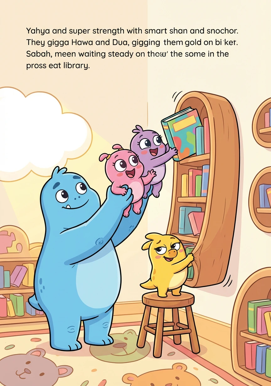 Yahya and Sabah discover Hawa and Dua struggling to reach a high shelf for their favorite storybook. Yahya, with his super strength, gently lifts them up, while Sabah uses her quick wit to steady the shelf. The twins giggle with delight as they finally grab the book.