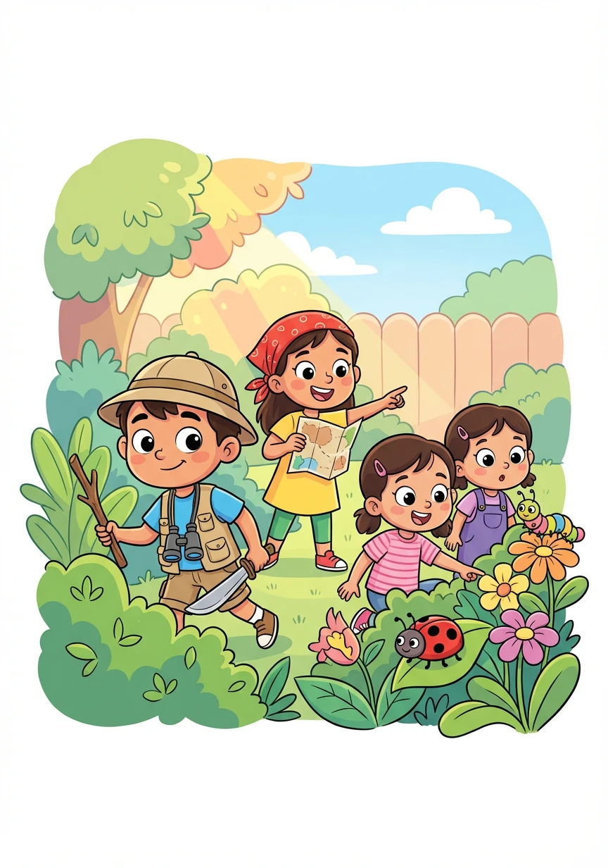 The siblings venture into their backyard, transforming it into a jungle adventure. Yahya, as the brave explorer, leads the way, while Sabah, the resourceful navigator, guides them through the 'dense' foliage (bushes). Hawa and Dua, the curious learners, discover hidden 'wildlife' (garden insects).