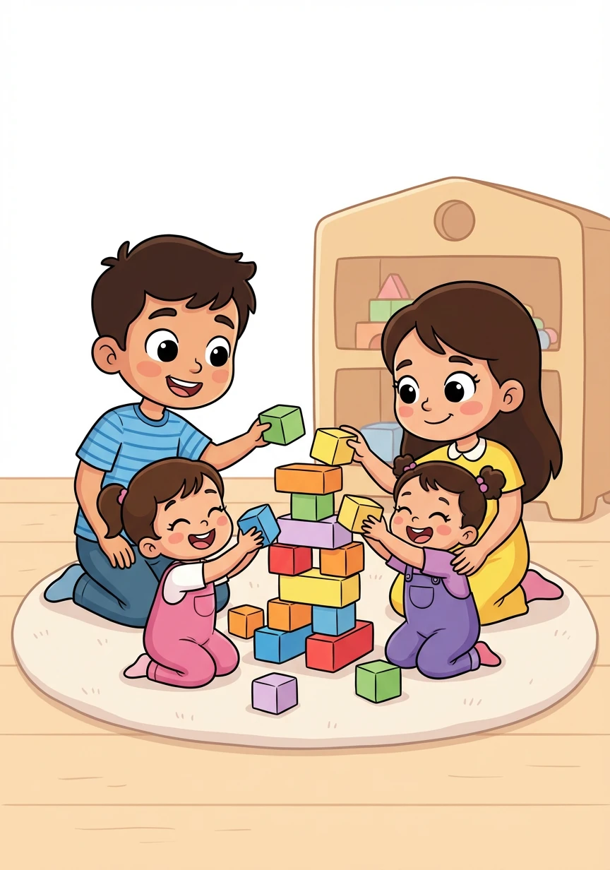 Hawa and Dua are having trouble sharing their toys. Yahya and Sabah step in, not with scolding, but with a fun game about teamwork. They build a tower together, each sibling contributing blocks, learning the importance of cooperation.