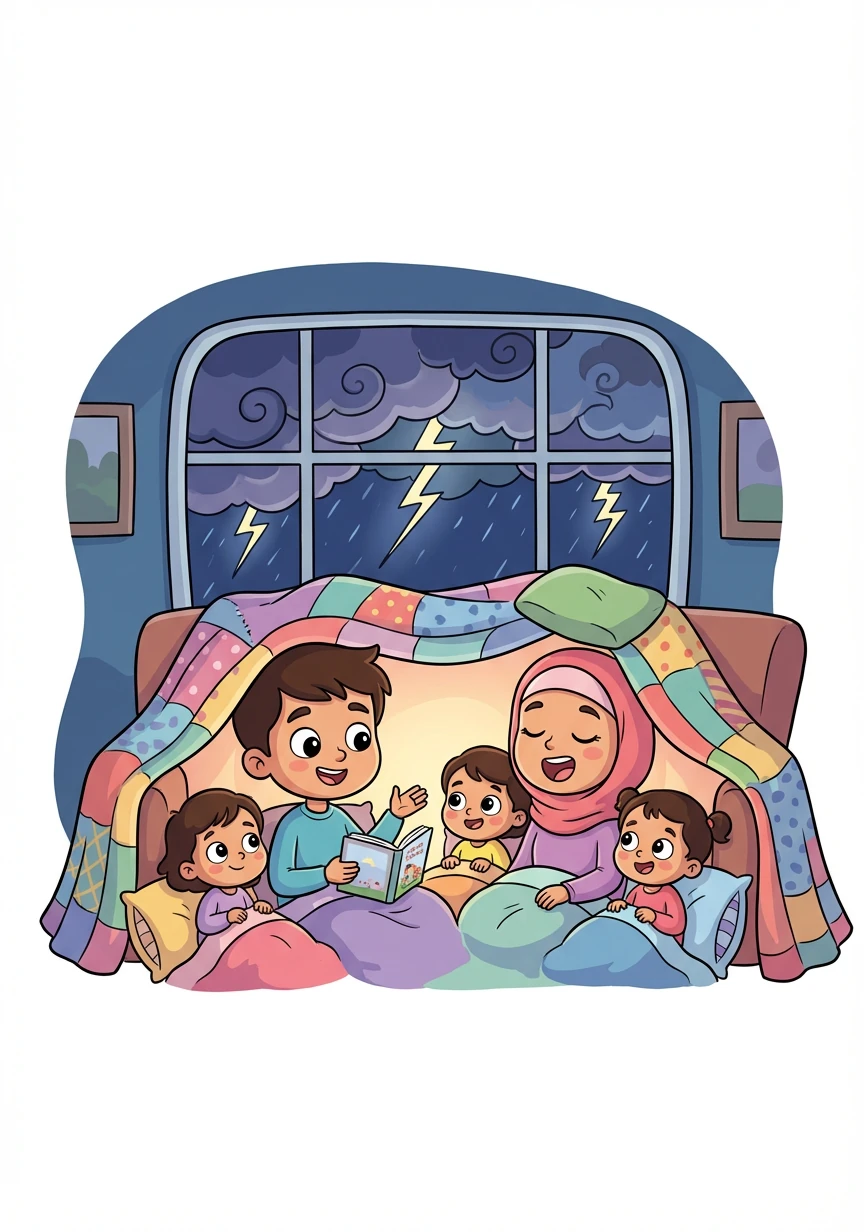 A thunderstorm rolls in, and Hawa and Dua are scared. Yahya and Sabah create a cozy fort indoors, telling stories and singing songs to distract them from the storm. They teach them that even scary things can be faced with courage and love.