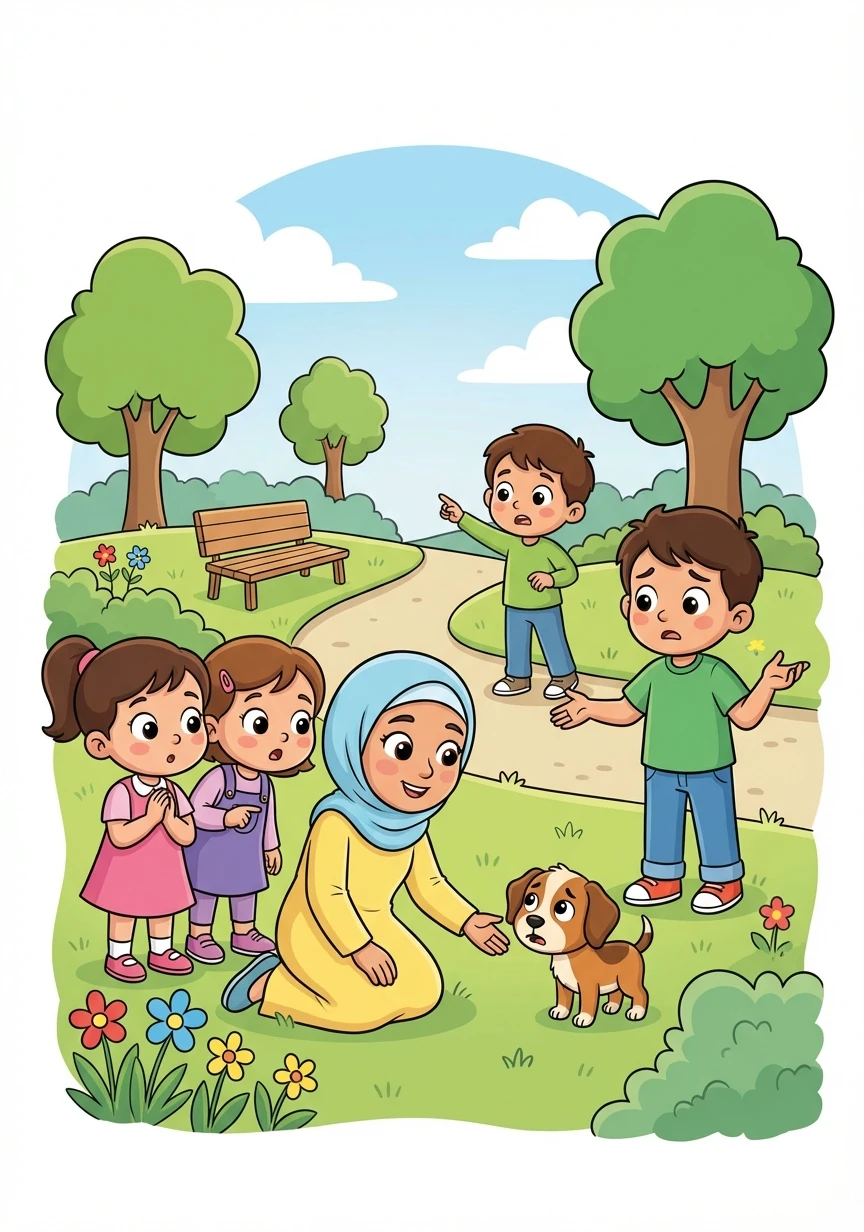 The family visits a local park, where they encounter a lost puppy. Sabah uses her kindness and gentle voice to coax the puppy closer, while Yahya searches for its owner. Hawa and Dua learn the importance of compassion and helping those in need.
