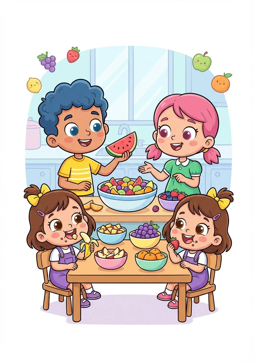 Yahya and Sabah decide to teach Hawa and Dua about healthy eating. They prepare a colorful fruit salad together, explaining the benefits of each fruit. The twins happily munch on their creations, discovering that healthy food can be delicious.