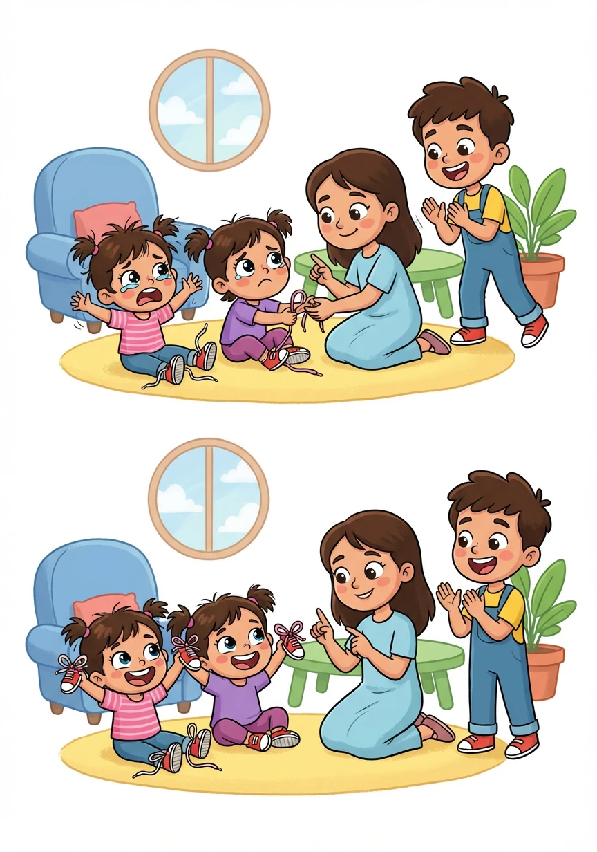 Hawa and Dua are frustrated because they can't tie their shoelaces. Sabah patiently shows them step-by-step, while Yahya offers words of encouragement. With perseverance, the twins finally master the skill, beaming with pride.