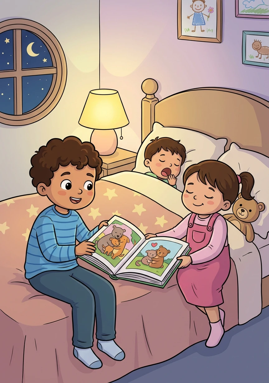 After a long day of adventures, Yahya and Sabah tuck Hawa and Dua into bed. They read them a bedtime story about friendship and kindness, reminding them of the importance of being good to one another. The twins drift off to sleep, feeling loved and secure.
