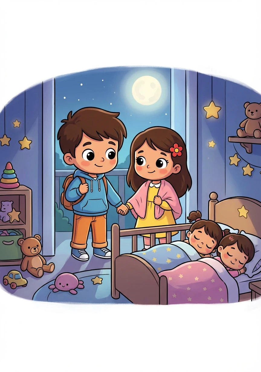 Yahya and Sabah look out at their sleeping sisters, a sense of responsibility and love washing over them. They know that being big siblings is a special gift, and they are ready for many more adventures and lessons to come. Their journey together is just beginning.