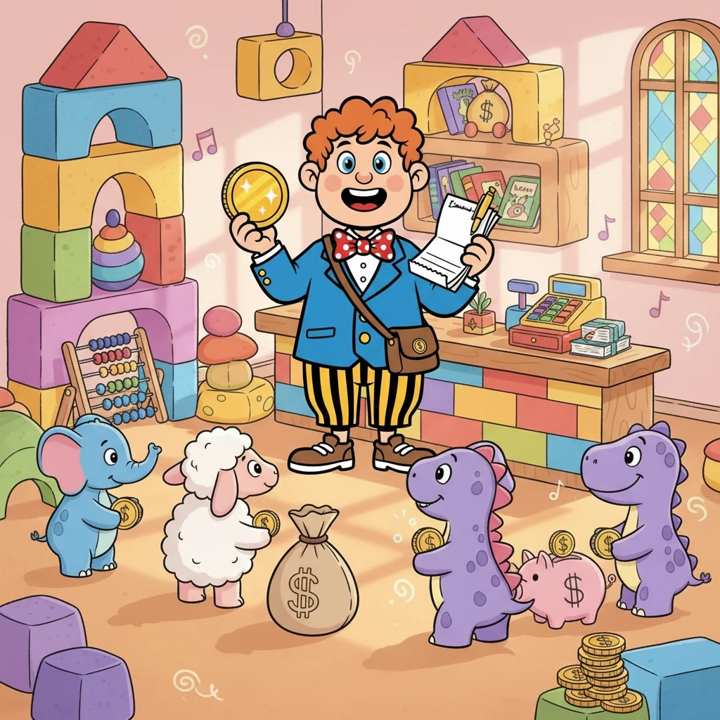 Barnaby, a cheerful bear with a big smile, works at the children's bank. The bank is inside a colorful playhouse, filled with toys and happy sounds. Today is a busy day, and Barnaby is ready to help his friends.