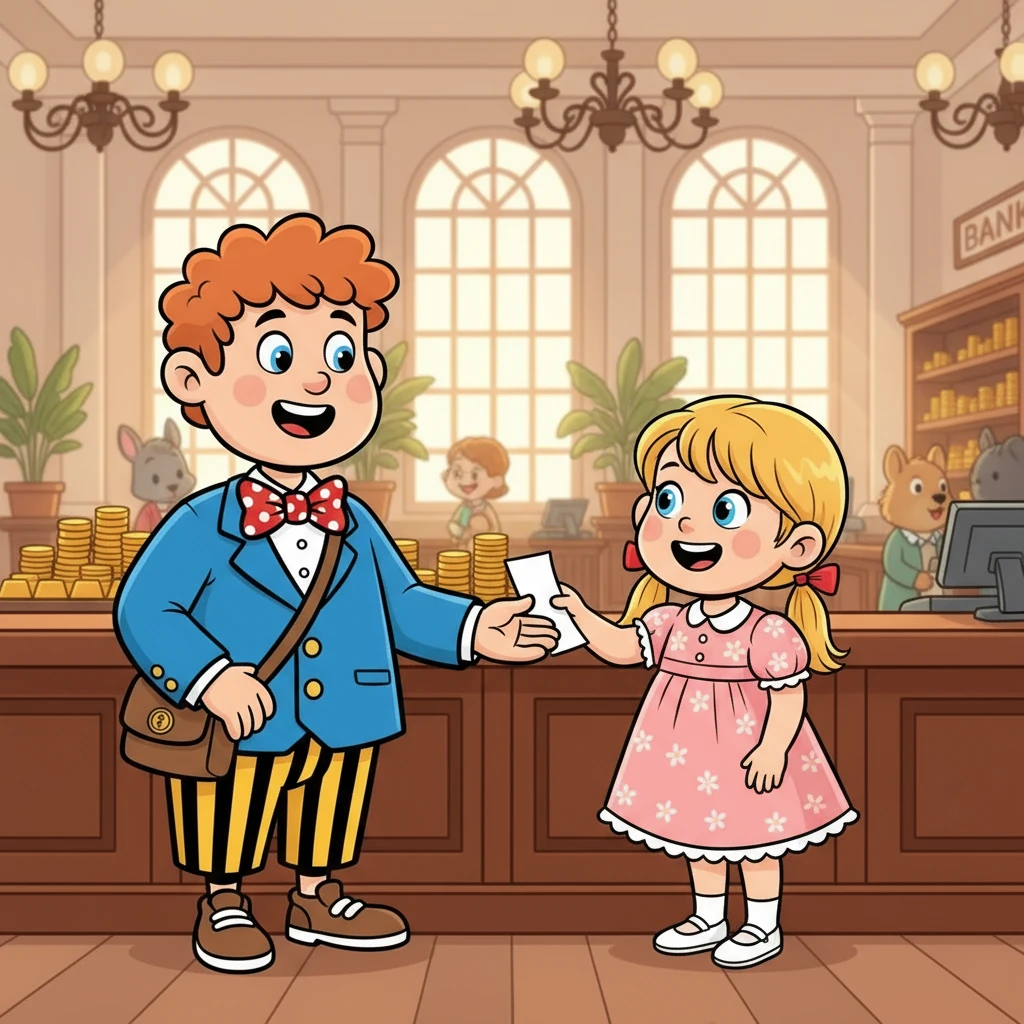 Lily, a little girl with bright eyes, arrives at the bank. She holds a check in her hand, ready to exchange it for gold coins. "Hello, Barnaby!" she says with a giggle. "I have a check!"