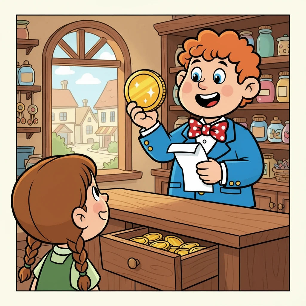 Barnaby nods, his ears perked up. "Hello Lily!" he replies. "Let's see your check!" He carefully examines the check, then takes out a shiny gold coin from a drawer. "Here is your gold coin!"