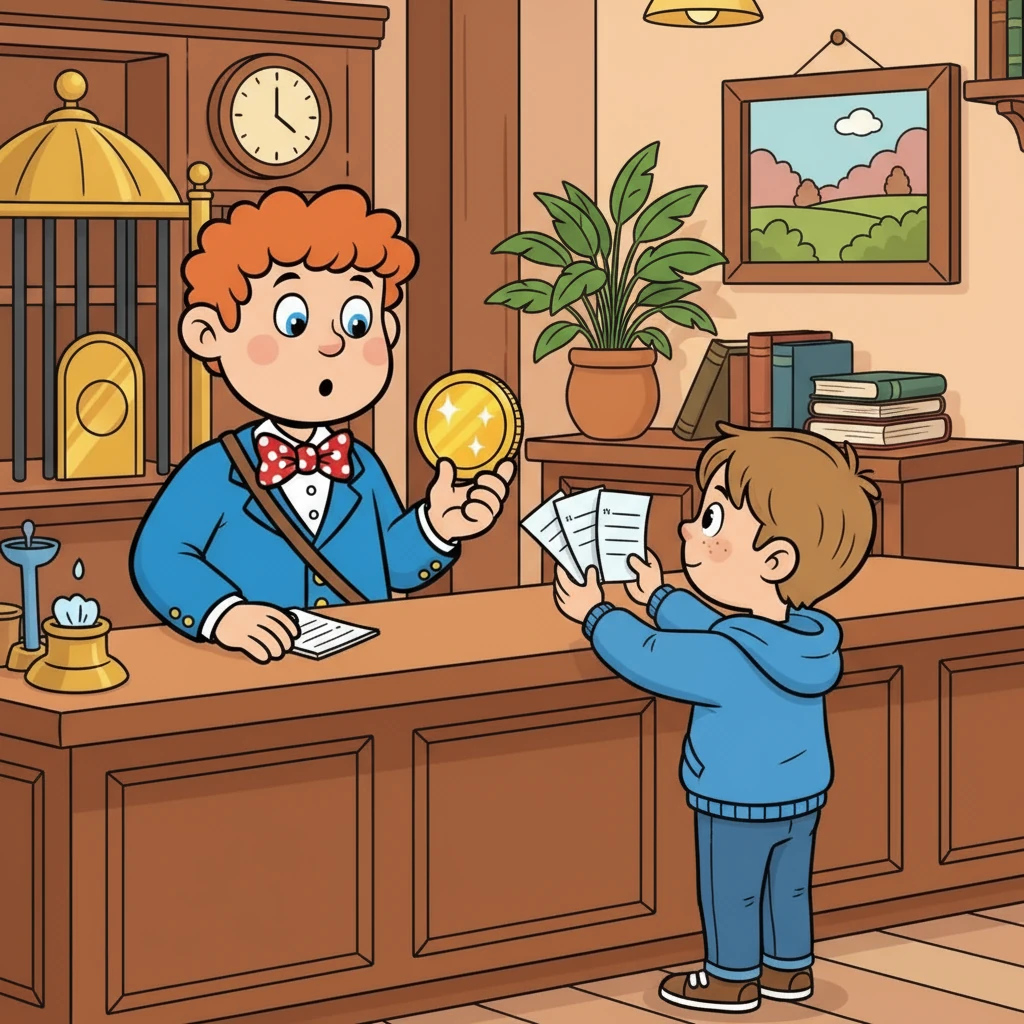 Next, Tom, a small boy with a curious look, comes to the bank. He has all five of his checks! Barnaby looks at him with surprise. "Wow, Tom!" says Barnaby. "You have a lot of checks today!"