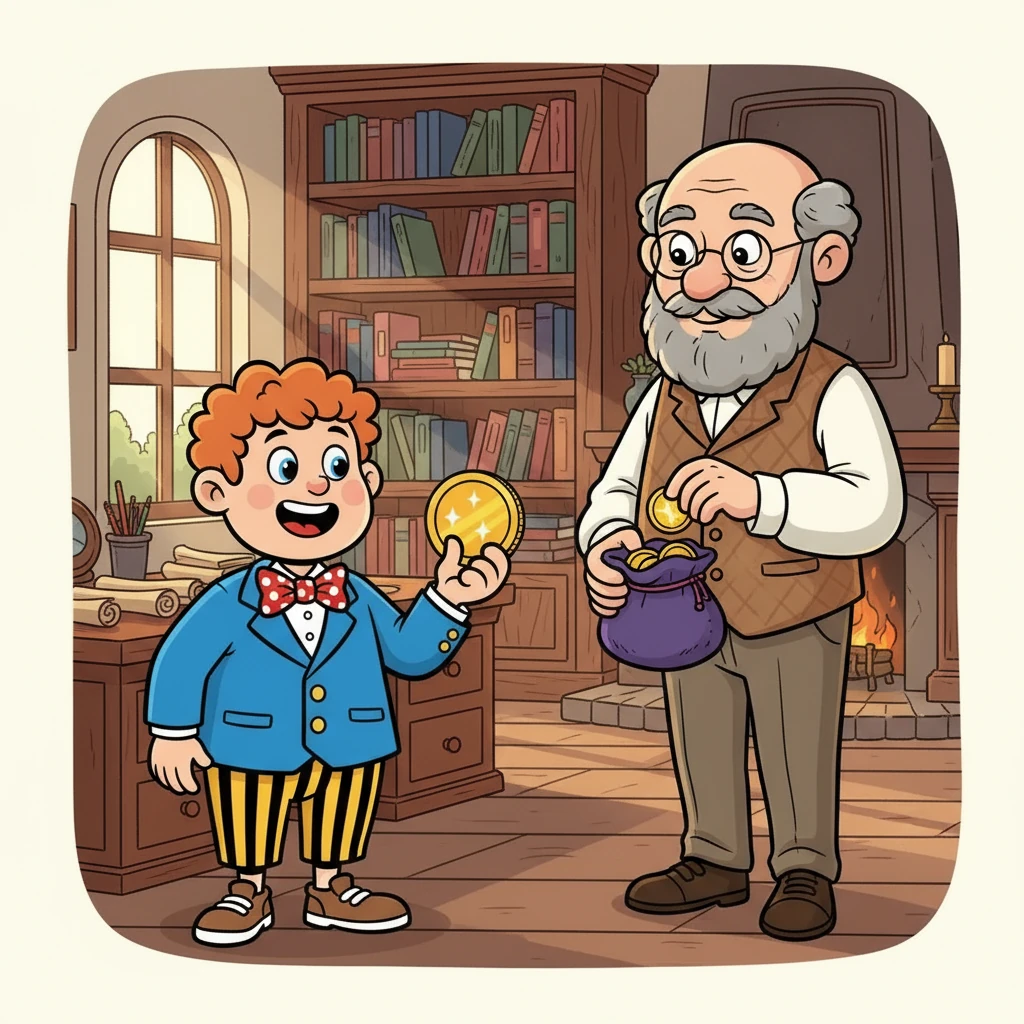 Tom smiles, excited to collect his coins. Barnaby counts out five gold coins, placing them in a small, velvet bag. "Here are your five gold coins, Tom!" he says. "You can save them or use them to buy something fun!"