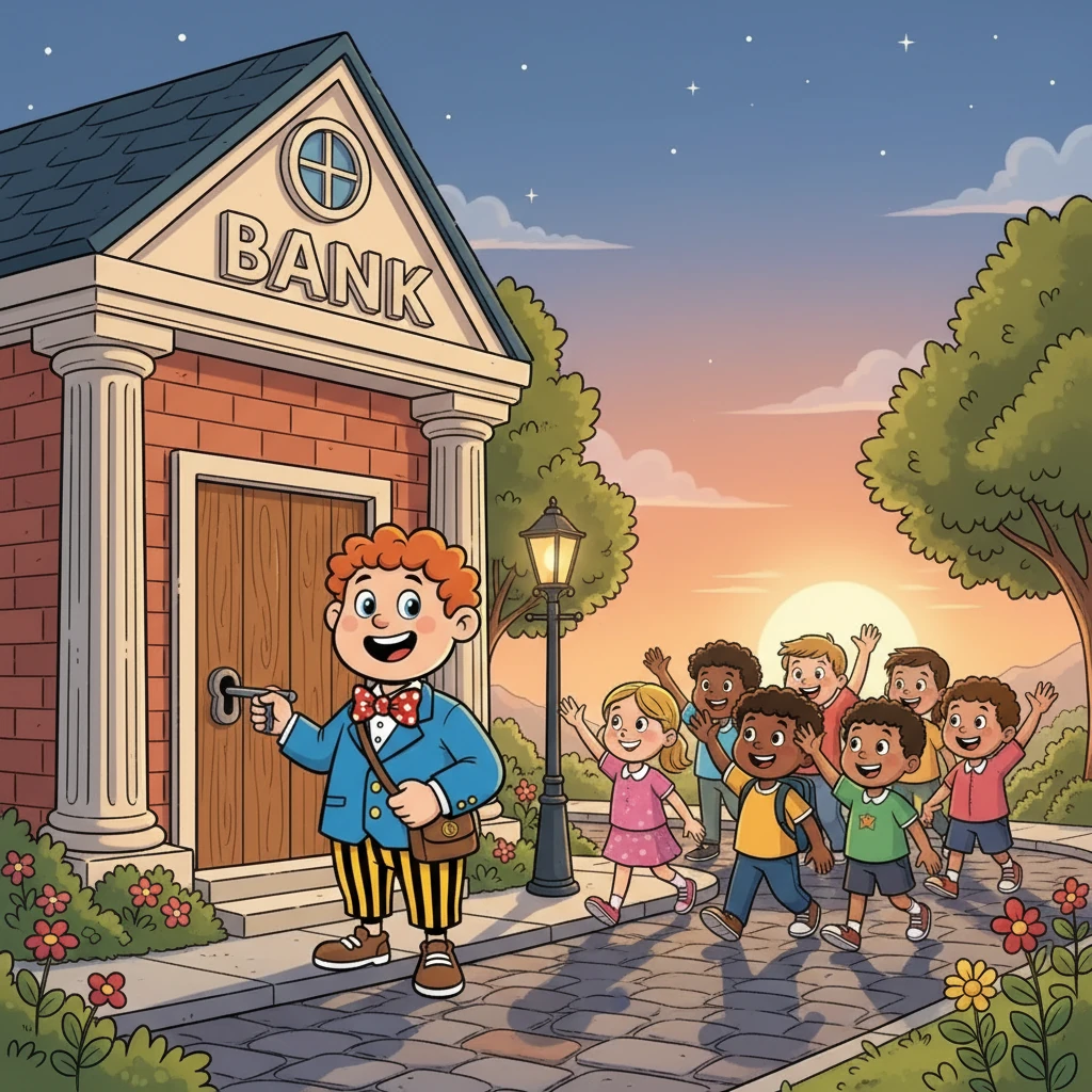 As the day ends, Barnaby closes the bank, happy to have helped all his friends. He thinks about how fun it is to teach kids about money. Barnaby knows that saving money can lead to great things and he can't wait to see everyone again tomorrow!