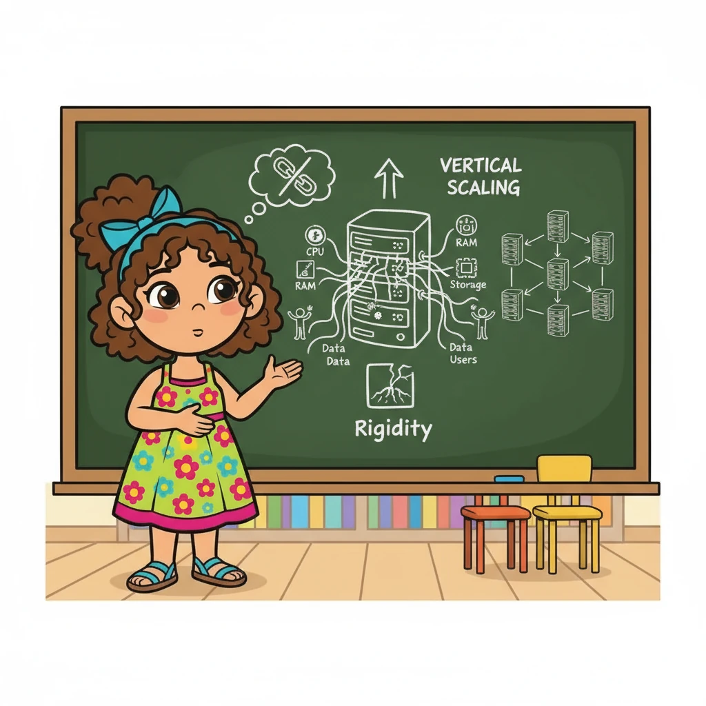 Valeria explica la insuficiencia del modelo relacional. La rigidez del esquema y el escalado vertical son presentados como desafíos. Un diagrama comparativo muestra un servidor único sobrecargado, ilustrando el problema de la escala.