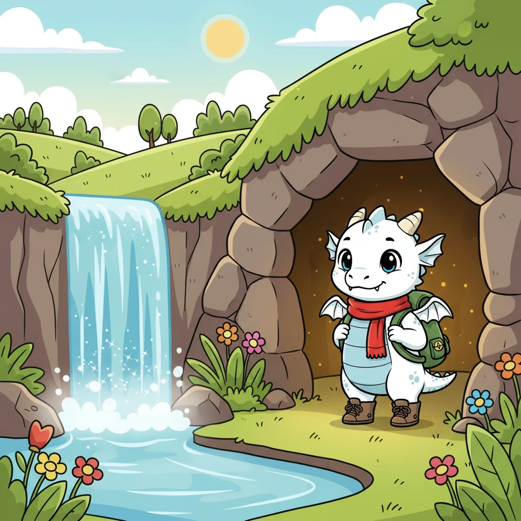 Lumi, a tiny dragon with scales as white as snow, lived in a cozy cave nestled beside a sparkling waterfall. She dreamed of exploring the world beyond her home, a world she'd only heard whispers of from the wind.