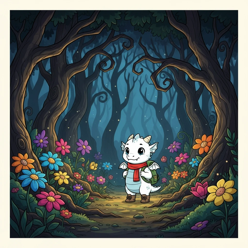 The entrance to the forest was dark and shadowed, with gnarled trees reaching towards the sky like twisted fingers. Strange, colorful flowers bloomed amidst the gloom, hinting at the mysteries within.