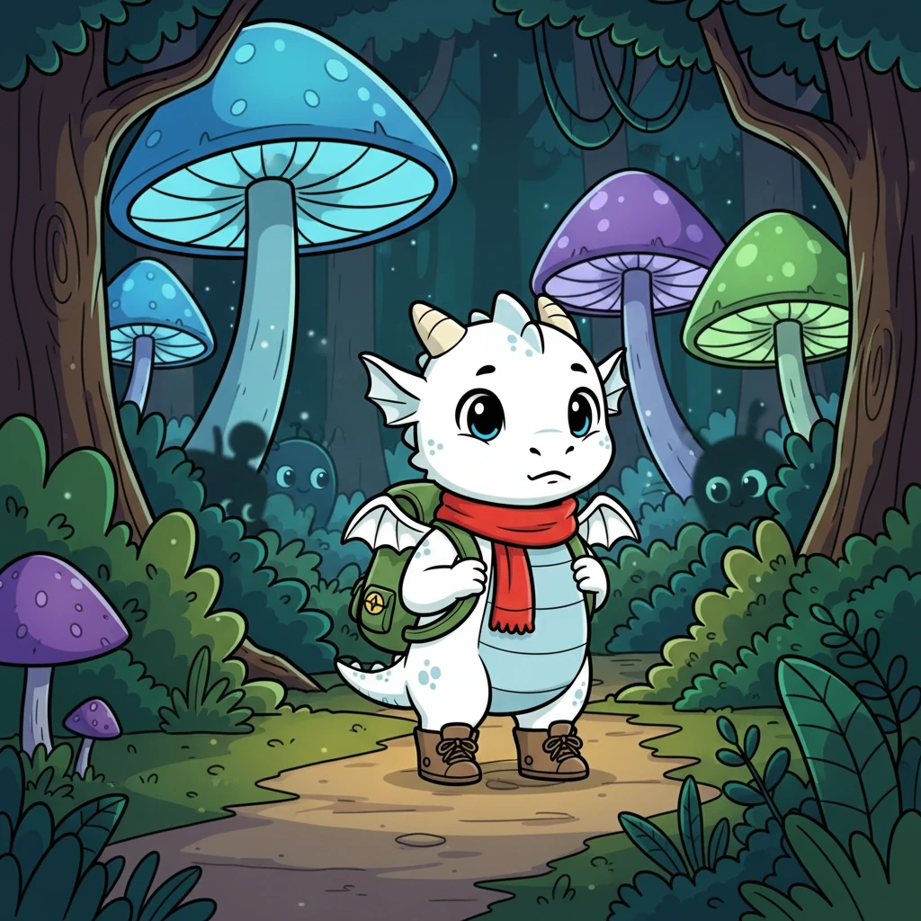 Lumi cautiously entered the forest. Giant, glowing mushrooms lit her path, and she heard the rustling of unseen creatures in the undergrowth. Her heart pounded, but curiosity kept her moving forward.