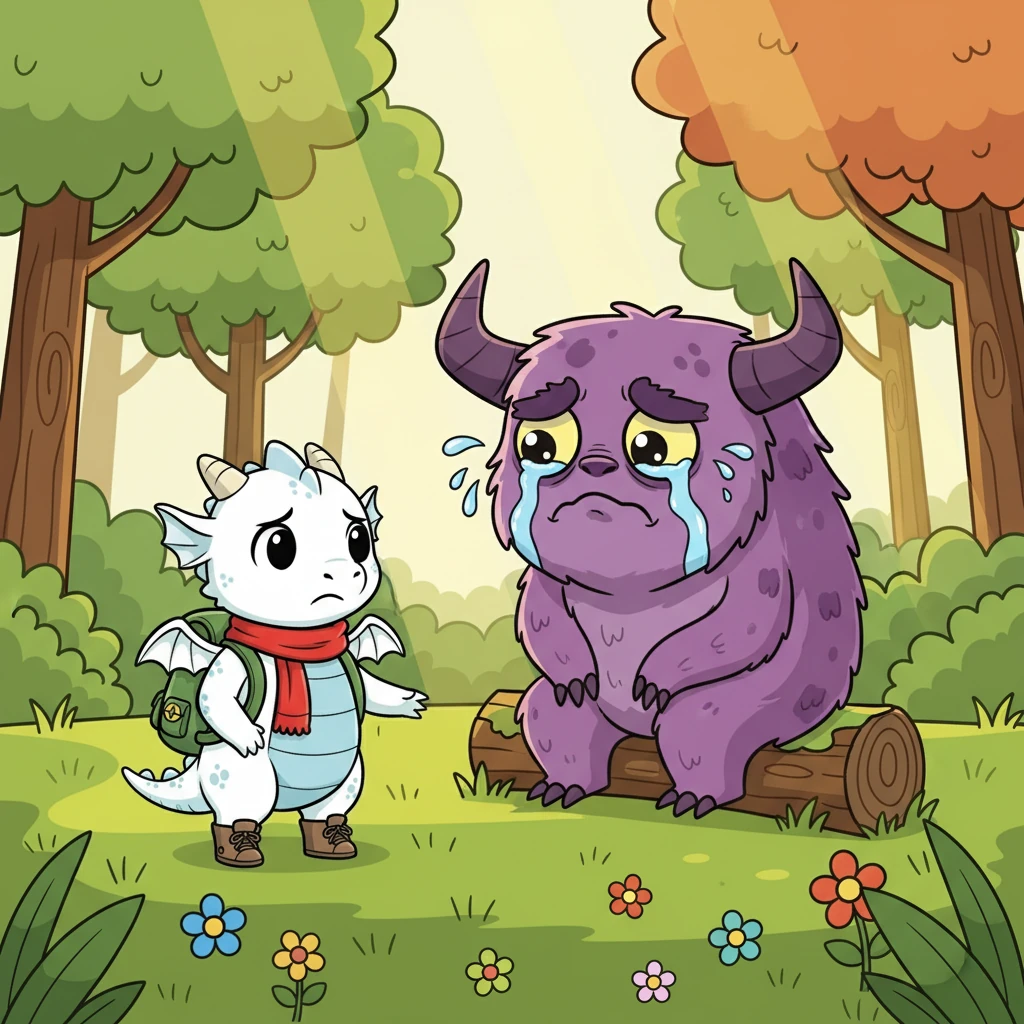She stumbled upon a clearing where a grumpy, purple-furred monster sat alone, looking forlorn. Its horns drooped, and tears welled in its large, yellow eyes. Lumi, though scared, felt a pang of sympathy.