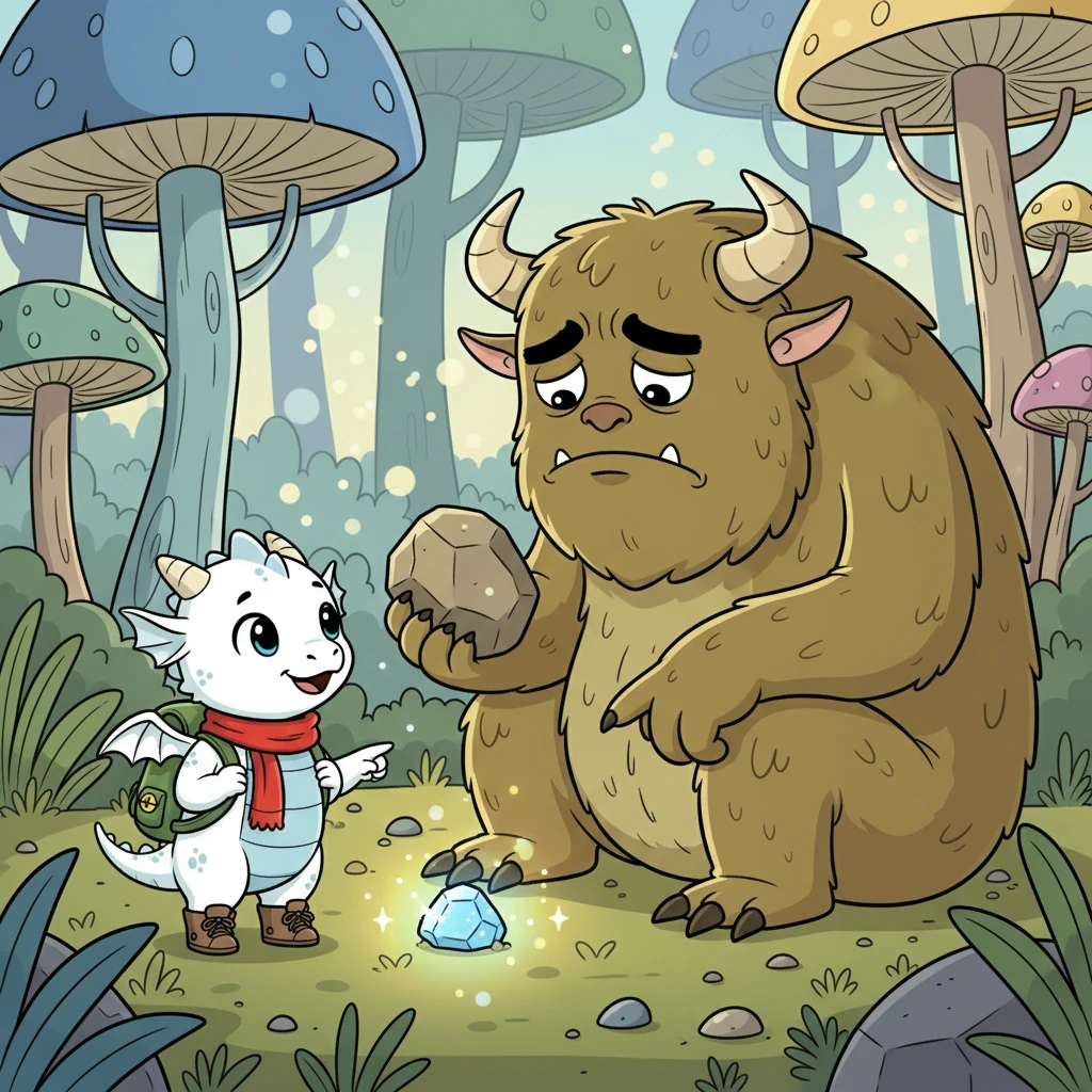 Lumi bravely approached the monster and, in a chirping dragon voice, asked what was wrong. The monster, whose name was Grumbles, explained he'd lost his favorite shiny rock.