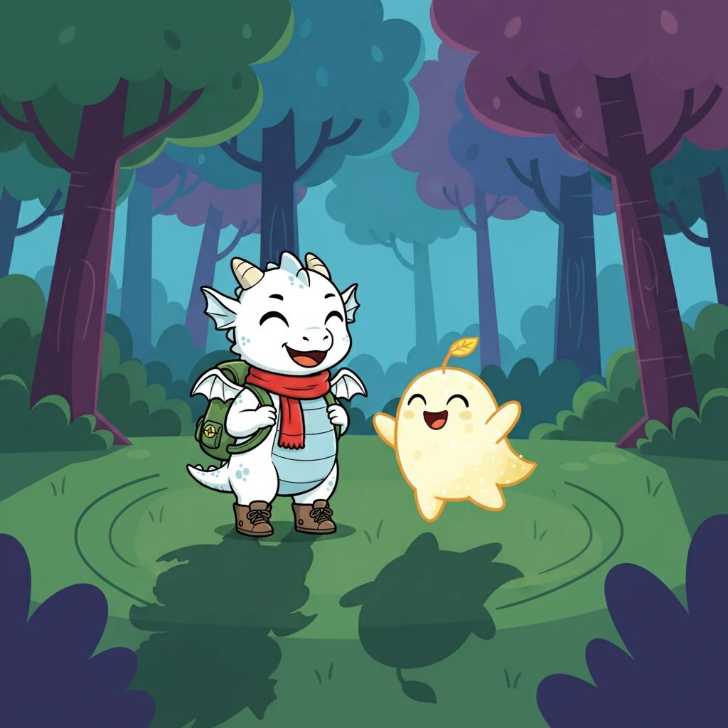 Grumbles, overjoyed, smiled for the first time, revealing a surprisingly gentle face. He and Lumi began to play, laughing together as the forest's shadows danced around them.