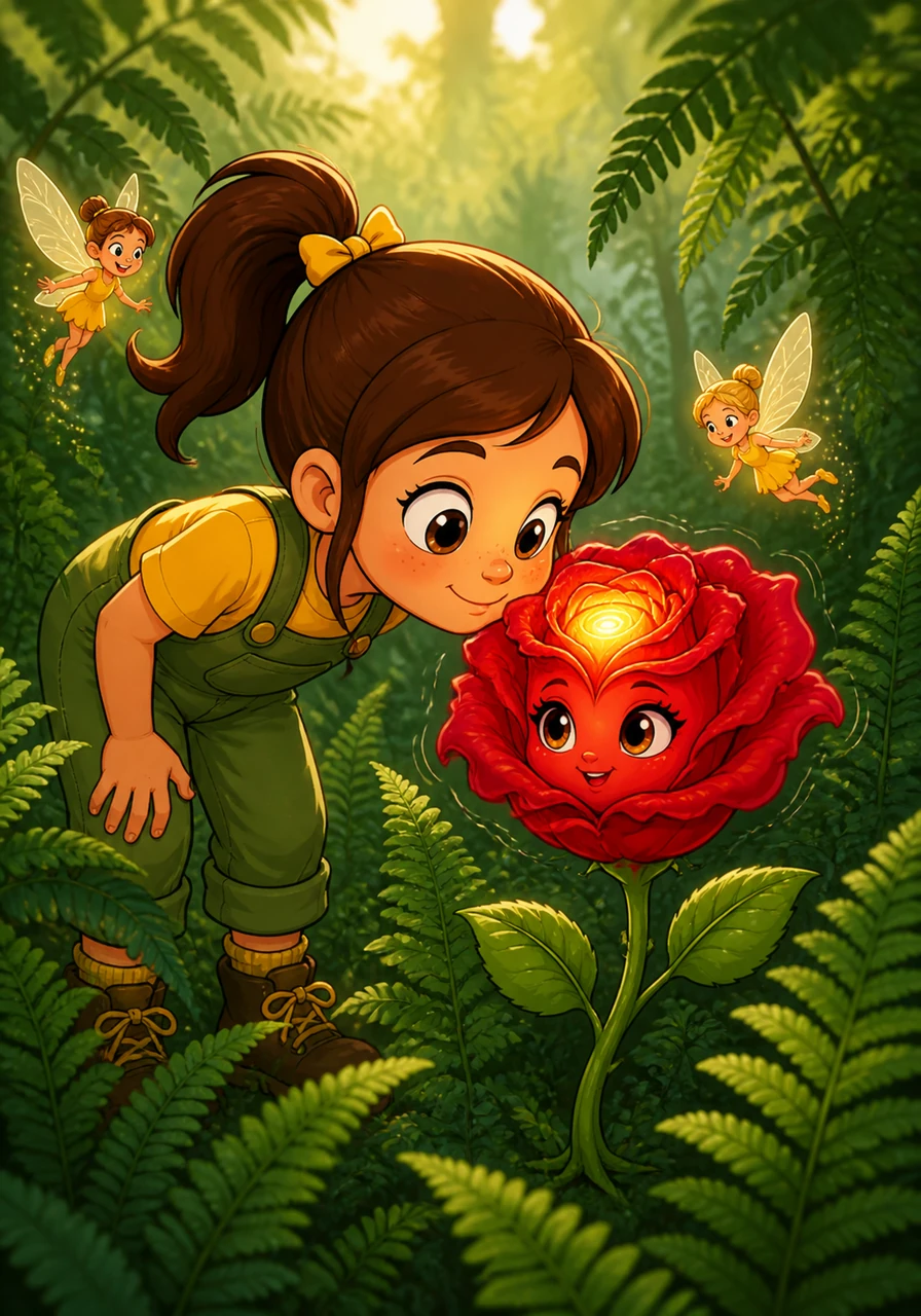 Deep within a cluster of wild ferns, she spotted a single, vibrant crimson rose that seemed to shimmer with its own inner light. As she leaned in to smell it, the petals ruffled gently despite there being no breeze at all in the quiet afternoon.