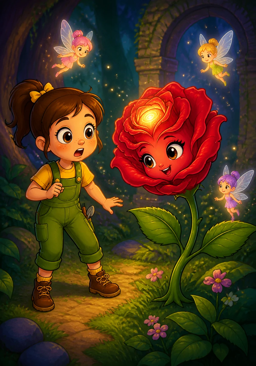 Hello there, little seeker, a soft, velvety voice whispered, making Lily jump back in surprise. The rose tilted its head toward her, its golden center glowing as it spoke of a time when flowers and humans shared ancient secrets.
