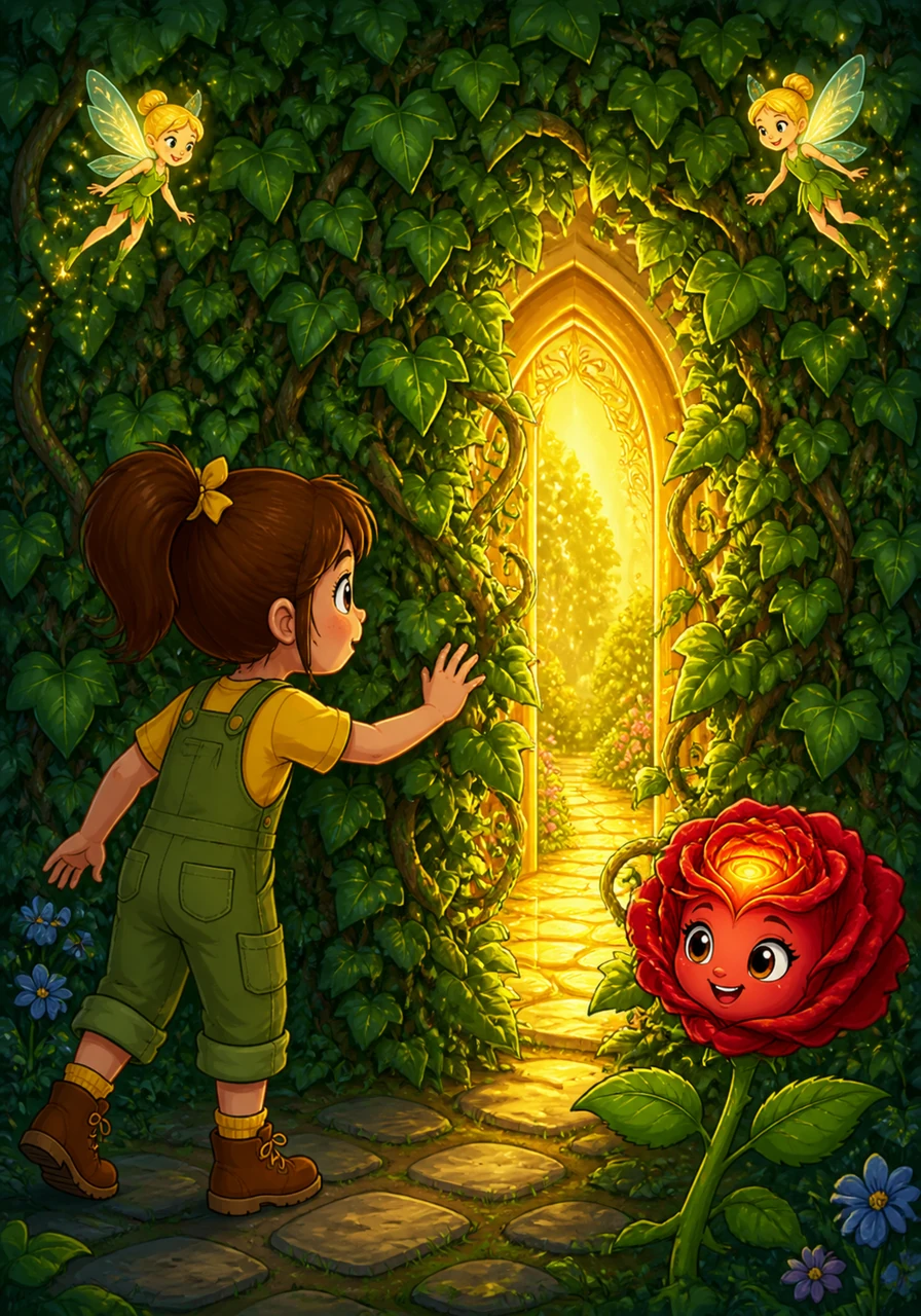 Driven by curiosity and a brave heart, Lily followed the rose’s instructions to the very back of the garden where the ivy grew densest. When she placed her hand against the cool, waxy leaves, the vines shivered and pulled back to reveal a shimmering golden archway.