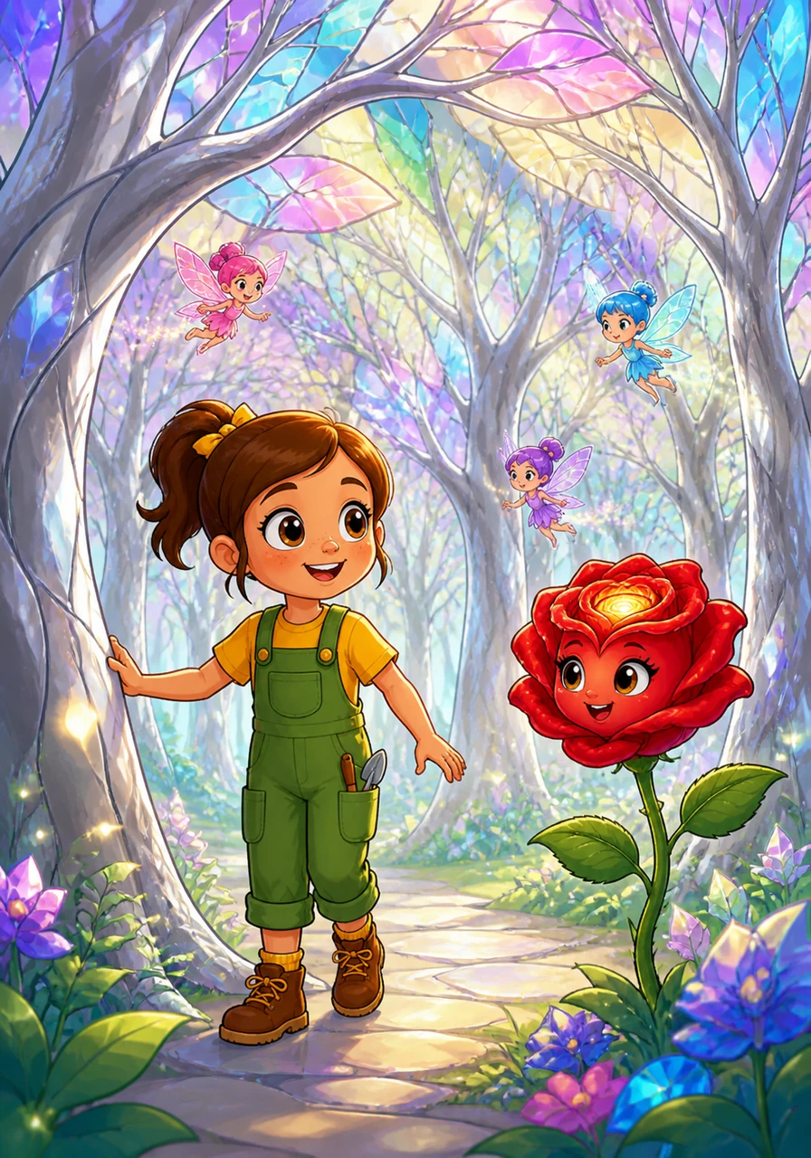 Stepping through the arch, Lily found herself in a forest where the trees were made of silver bark and the leaves were translucent like stained glass. The air was filled with a soft, humming sound that felt like a melody from a distant, beautiful memory.