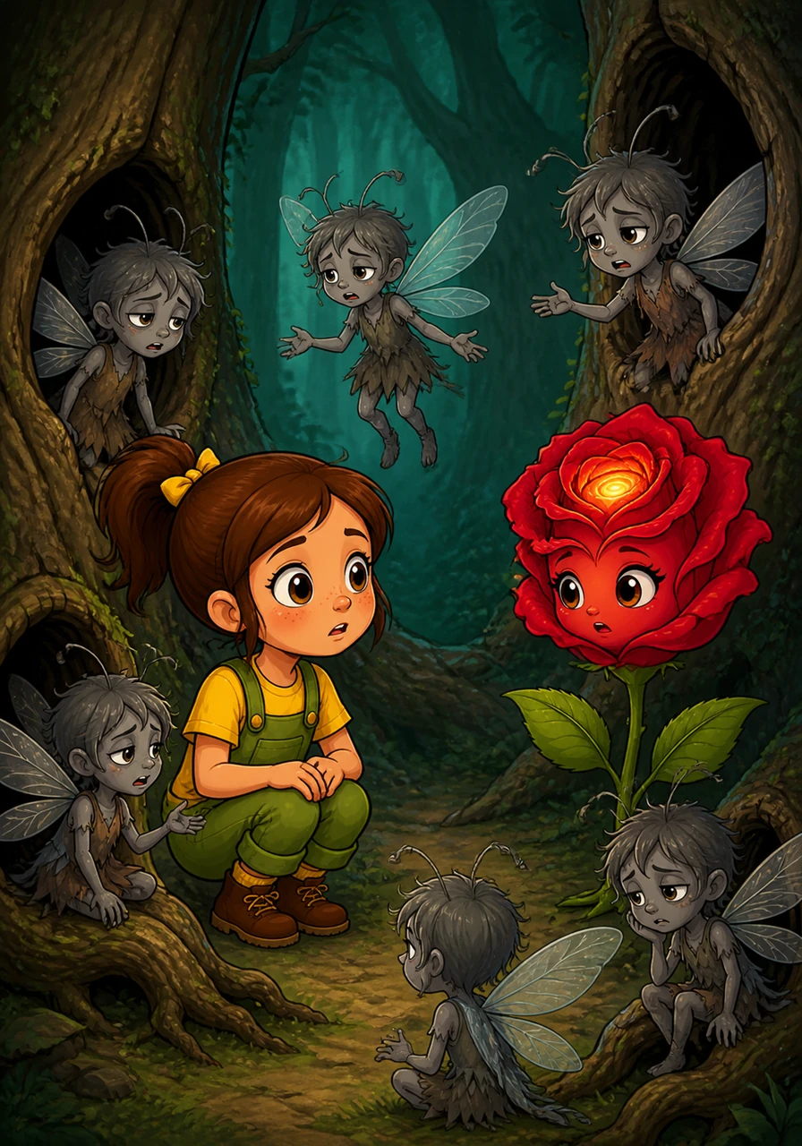 Small, winged sprites with wings like dragonflies emerged from the hollows of the trees, looking tired and grey. They explained to Lily that they had forgotten how to fly high because the music of their world had gone silent long ago.