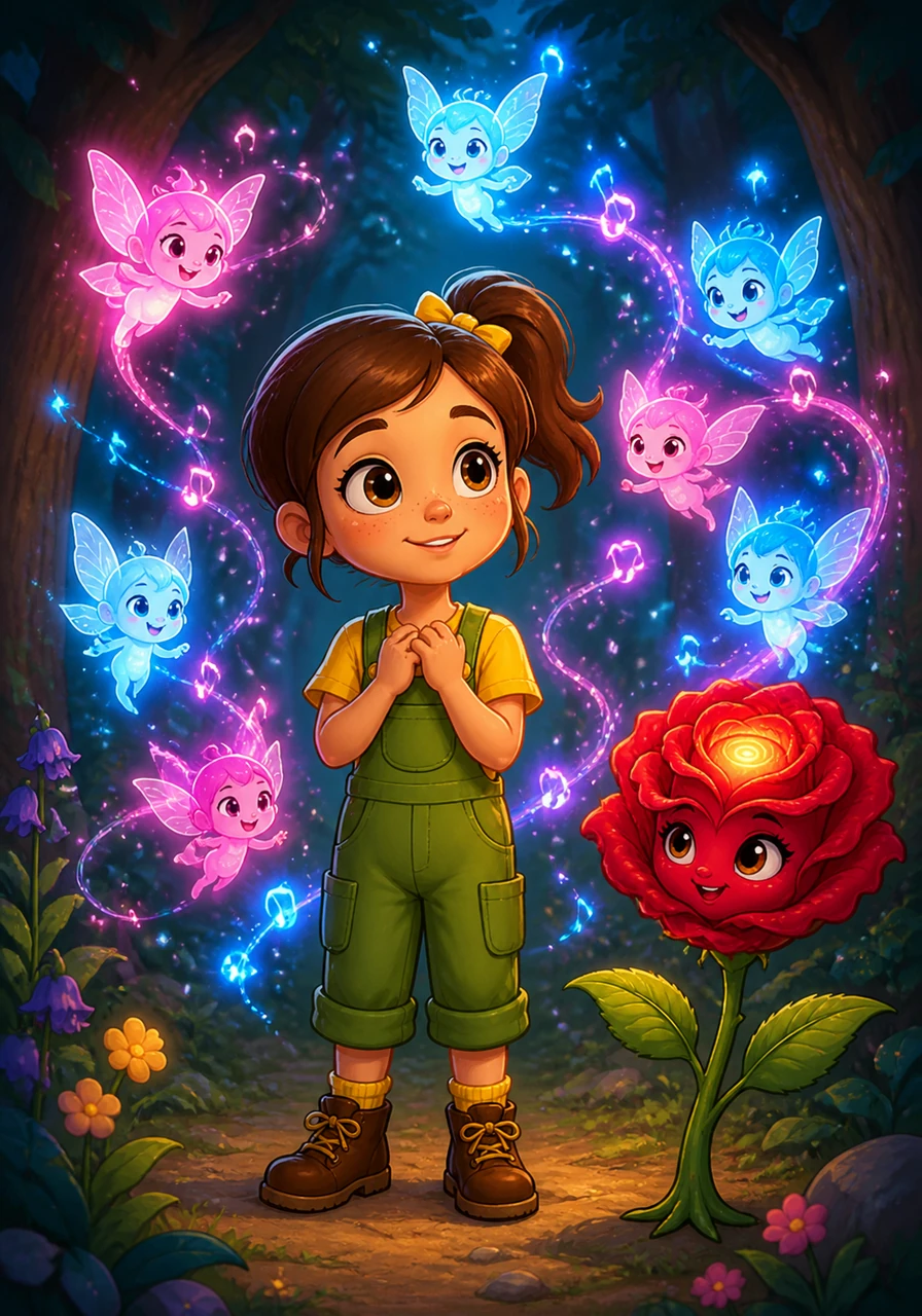Lily remembered a lullaby her grandmother used to sing and began to hum the sweet, simple melody into the stillness. As the notes drifted through the trees, the sprites began to glow with vibrant blues and pinks, dancing joyfully around her head.