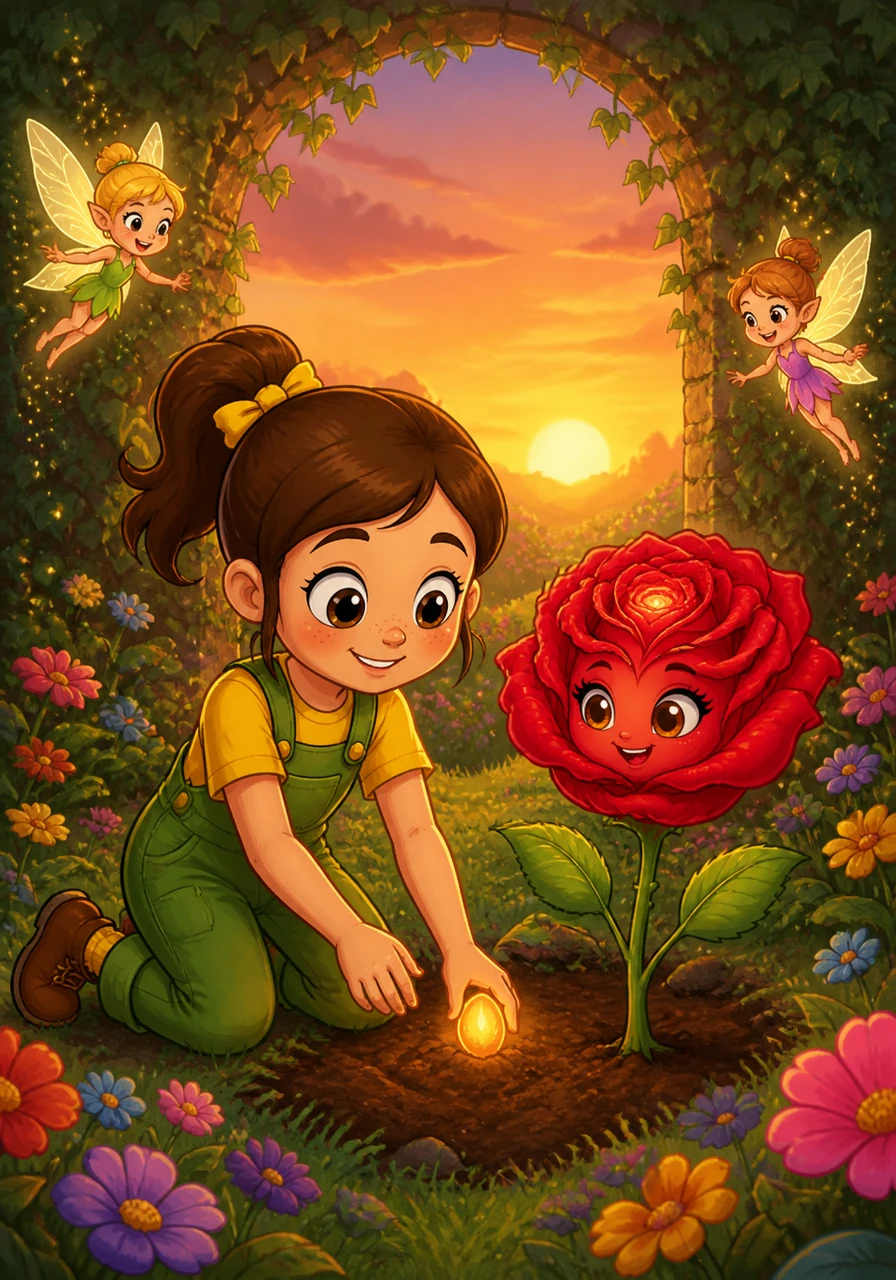 Lily stepped back through the ivy wall just as the sun began to set, the golden seed tucked safely in her pocket. She planted it right next to the talking rose, knowing that her garden would now always be a place where magic and wonder bloomed.