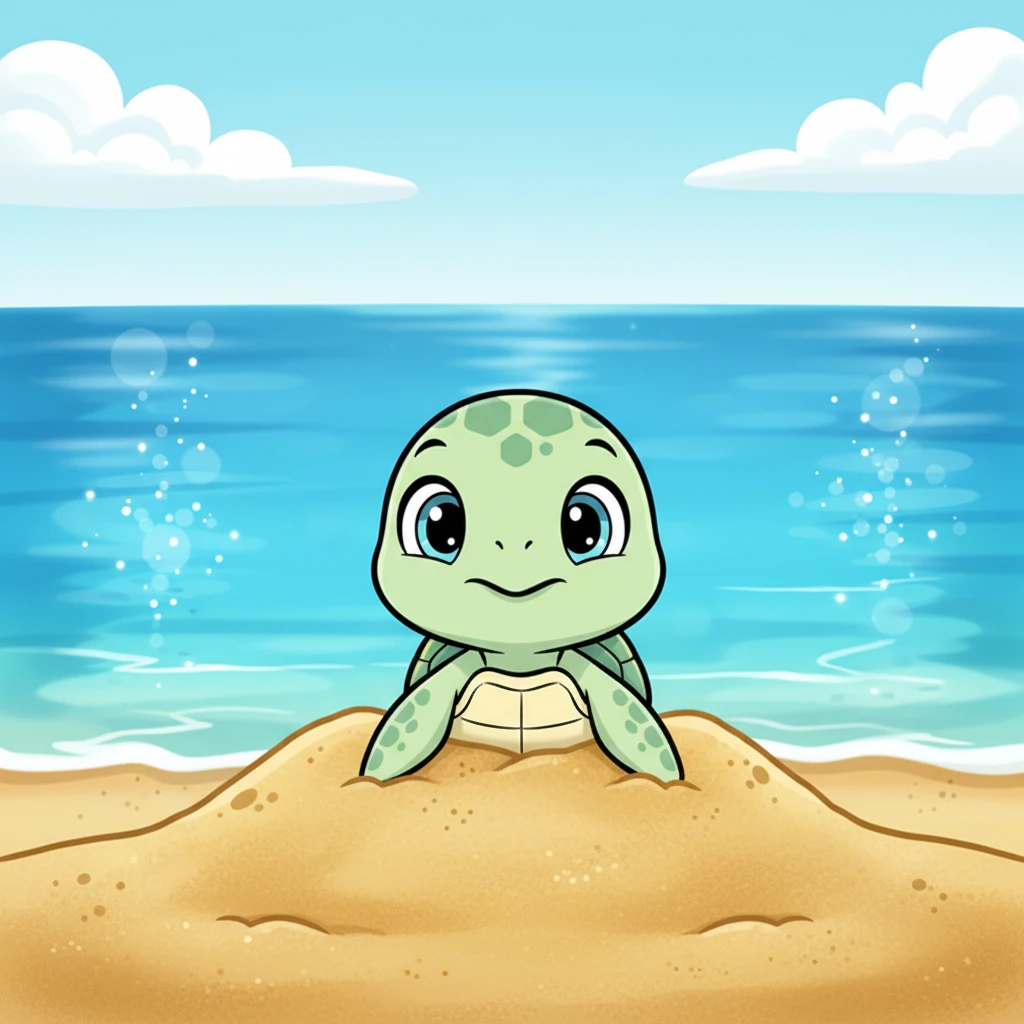 Little Pip, a tiny sea turtle with big, curious eyes, poked his head out of the warm sand. The vast, sparkling blue ocean stretched out before him, a wondrous mystery waiting to be explored.