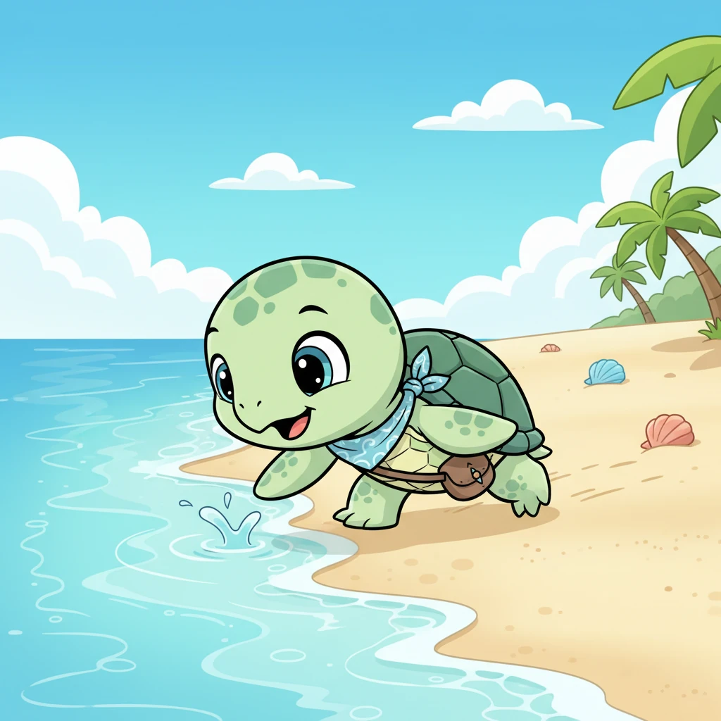 With a determined wiggle, Pip waddled across the beach, his flippers flapping in the soft sand. He took a deep breath, feeling a mix of excitement and a tiny bit of nervousness, before dipping his nose into the cool, clear water.