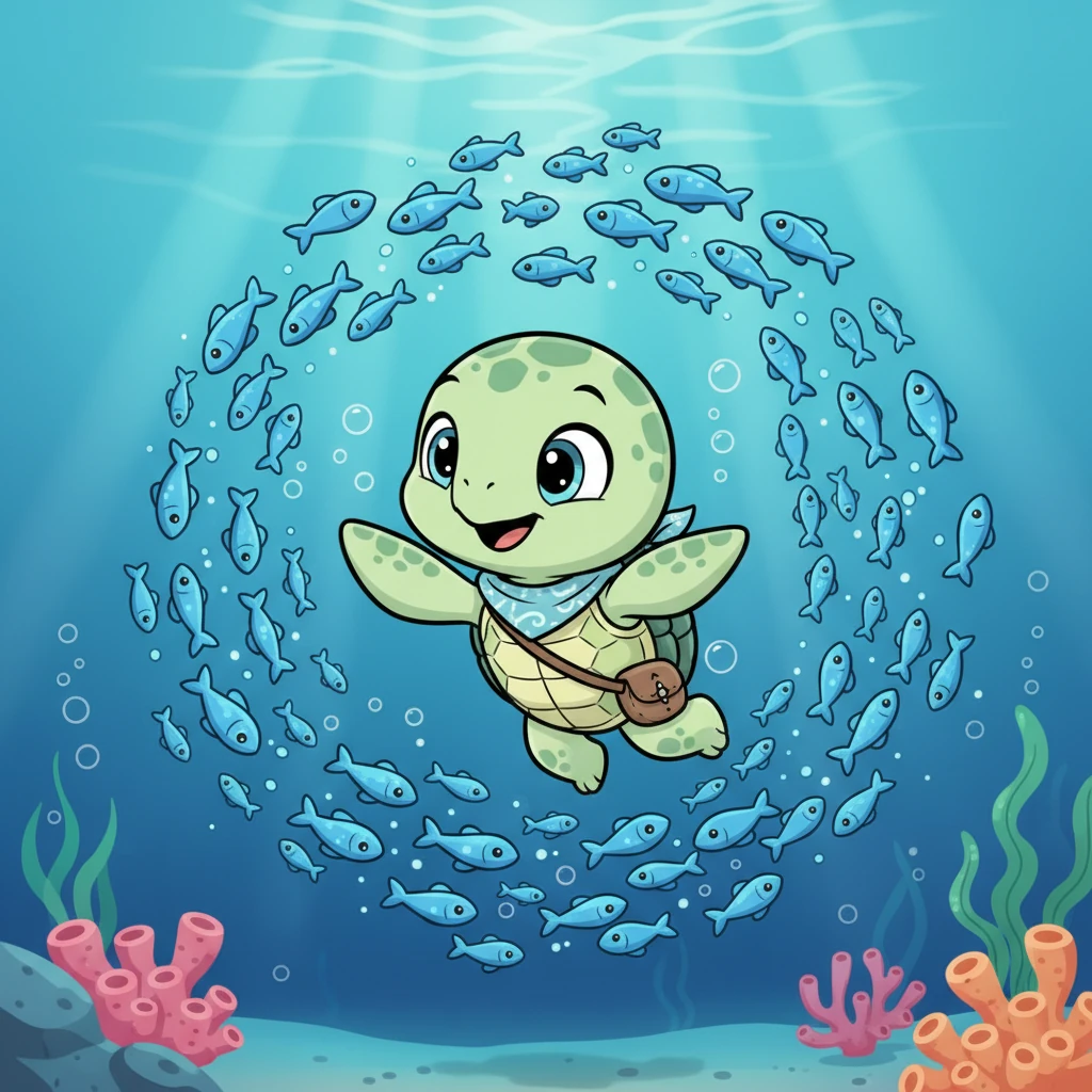 Suddenly, a playful school of tiny, vibrant blue fish darted past him, their scales glinting like scattered jewels. They swirled and twirled, inviting Pip to join their underwater ballet.