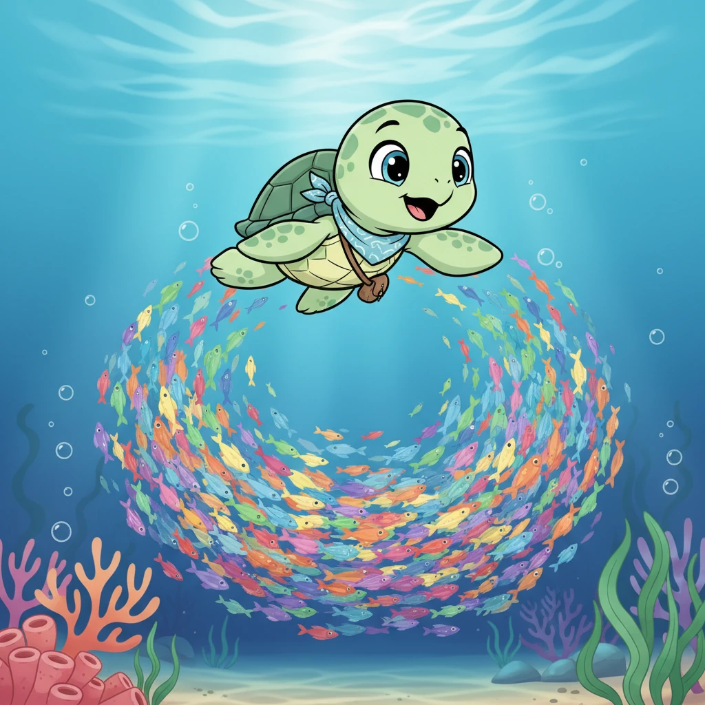 As he swam a little deeper, Pip spotted an even grander sight: a magnificent school of fish, shimmering in every color of the rainbow. Their fins fluttered like a living kaleidoscope.