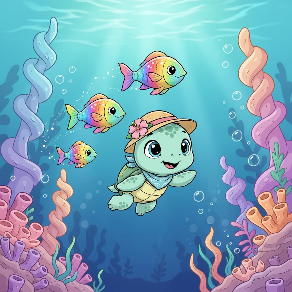 Mesmerized, Pip followed the rainbow fish as they gracefully glided through towering coral reefs. The deeper he went, the more vibrant and fantastical the underwater world became.