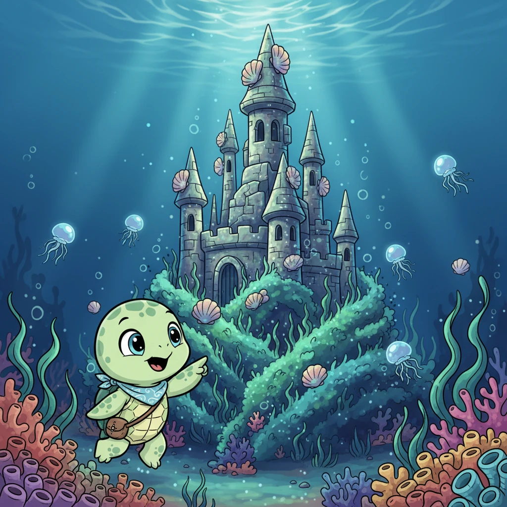 Beyond the reefs, nestled in a bed of glowing seaweed, Pip saw it – a magnificent, ancient-looking castle, sparkling with a mysterious, soft light. Its turrets reached towards the surface, adorned with pearlescent shells.