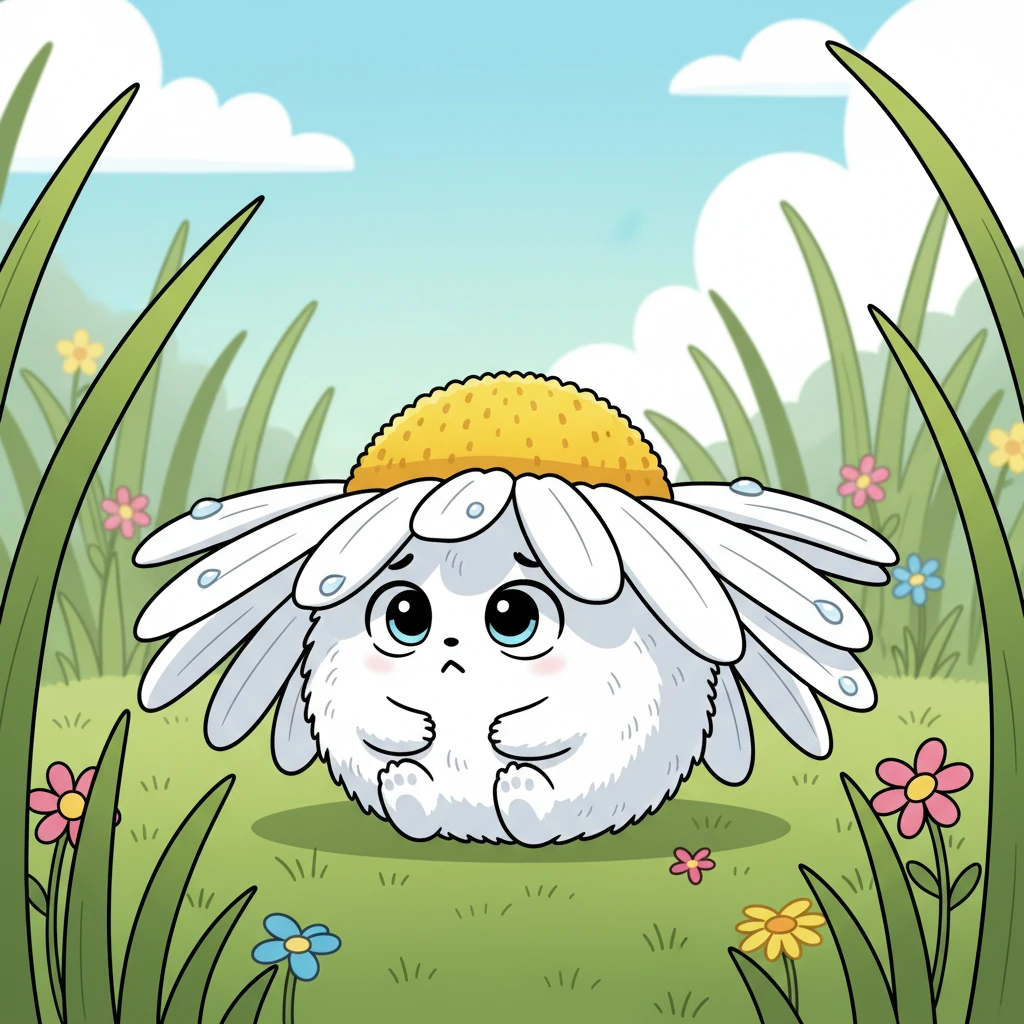 Little Whisp, a tiny fluffball with big, curious eyes, sat tucked away under a giant daisy, a soft sigh escaping his lips. He felt a little shy and small in the big, wide world.