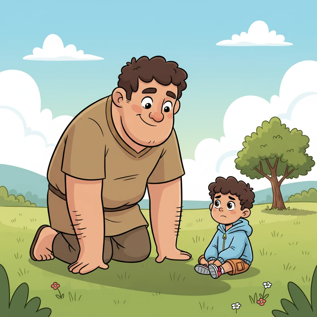 Suddenly, a shadow fell over him. It was Gus, the gentle giant, with a kind smile and warm, twinkling eyes. Gus knelt down, his head tilting gently, sensing Whisp's quiet mood.