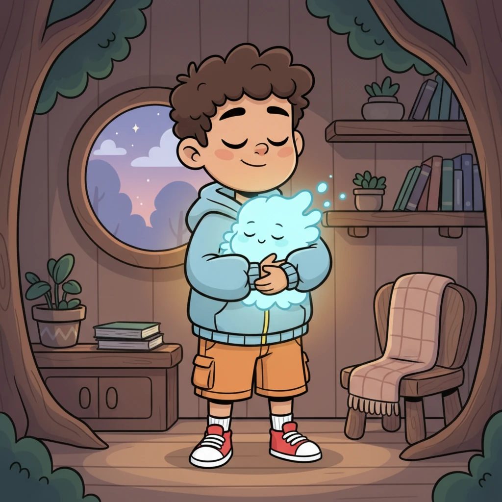 Gus held Whisp close against his soft, cozy chest, a warm and safe embrace. Whisp snuggled into the comforting warmth, feeling perfectly secure and cherished.