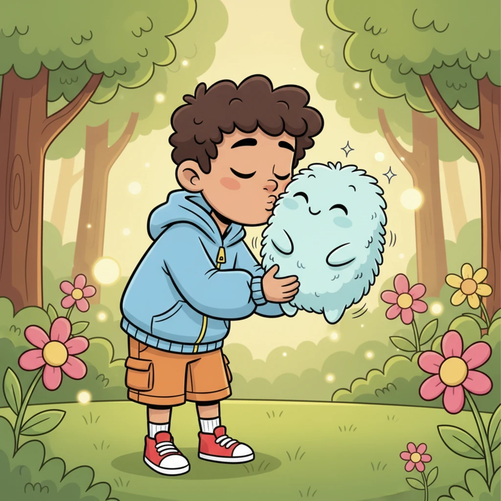 Gus's lips, soft and smiling, gently touched Whisp's fluffy cheek in a sweet, tender nuzzle. Whisp's tiny body vibrated with a happy flutter.