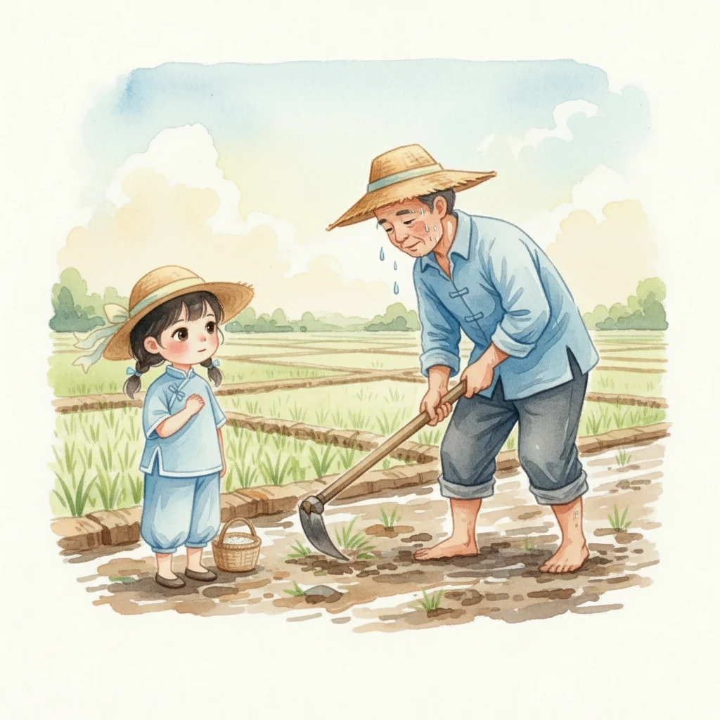 夏天,骄阳似火,汗水浸湿了农民伯伯的衣裳。小雨看到农民伯伯弯着腰,在田里锄草,汗珠滴落在泥土里。她明白了爷爷说的话,粮食来之不易,需要付出很多努力。
