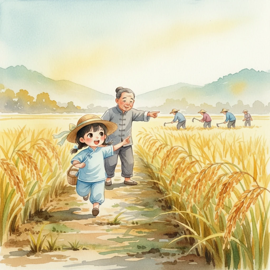 秋天,金黄的稻穗沉甸甸地低下了头,小雨和爷爷来到田边,看到农民伯伯正在收割。空气中弥漫着丰收的喜悦,小雨的心里也充满了快乐。她知道,这都是农民伯伯辛勤劳作的成果。